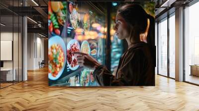 A woman interacts with a digital food menu at a kiosk in a modern restaurant, choosing her meal through a touch screen interface. Wall mural