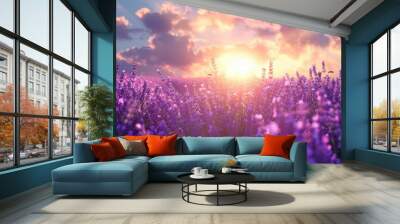 Beautiful lavender field at sunset with vibrant purple flowers and a serene, picturesque sky, capturing the essence of nature's beauty. Wall mural