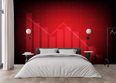 Economic critical crisis concept. The red graph drops down and charts on a red background. Recession financial, cryptocurrency, gold, and the stock market. Losing money and cash. Wall mural