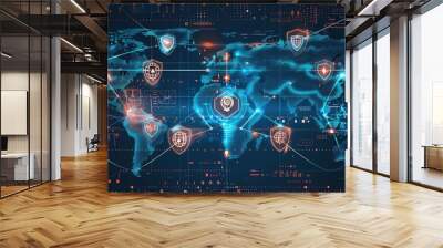 Futuristic digital world map with interconnected security shields representing global cyber security and network protection. Wall mural