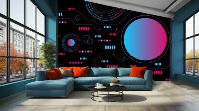 Hi-tech circle shapes on a black abstract background.  Futuristic communication and connection concept. Cyberspace, and digital innovation, computer algorithm. Wall mural