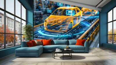 Modern automotive assembly line with innovative technology and digital data integration for efficient car manufacturing. Wall mural