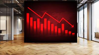 Red arrow graph drop arrow down with world map on red background. Money losing. Stock crisis and finance concept. Wall mural