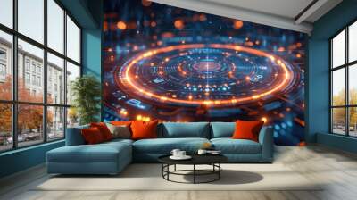 The image is a circuit board with a glowing orange center. The board is made up of a series of concentric circles, each with its own unique pattern of lights Wall mural