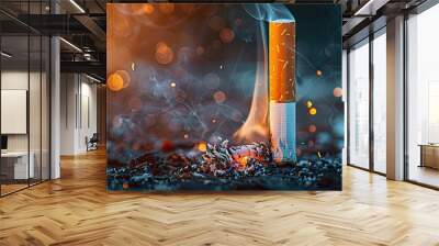 The image shows a lit match with a blue flame. The match is held in a hand with a dark background. Wall mural