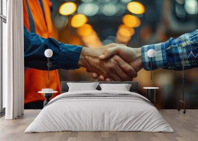 two men in hard hats shaking hands in a factory setting. Wall mural