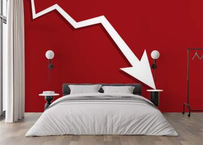 White arrow graph drop arrow down  on red background. Money losing. Stock crisis and finance concept. Wall mural