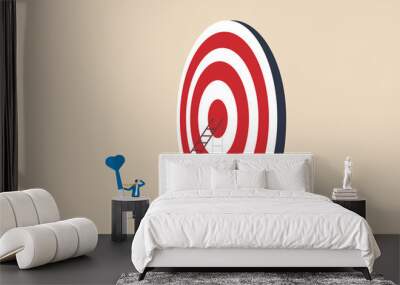 Aiming for high target mission, plan and strategy to achieve goal, business opportunity or career success journey concept, contemplate businessman hold big dart about to climb up ladder to bullseye. Wall mural