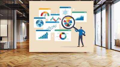 Analysis report research result, chart and diagram dashboard, financial graph statistics, analyze data, SEO or optimization concept, businessman with magnifying glass analyze research chart and graph. Wall mural