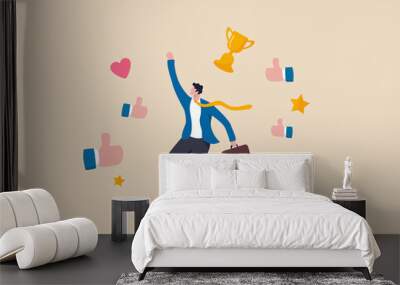 Appreciate high performance employee, good job or praising success staff, recognition or congratulation concept, cheerful success businessman with appreciation thumbs up applause, stars and trophy. Wall mural