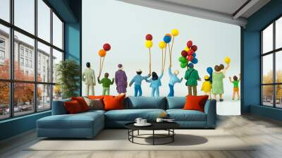 back view of miniature happy family holding balloons with white background as happy family concept. Wall mural