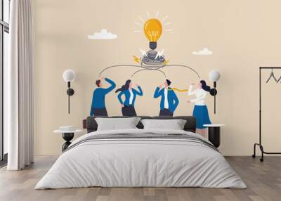 Brainstorming idea, team meeting or discussion for business solution or inspiration, teamwork creativity or collaboration for success concept, business men and women brainstorming new lightbulb idea. Wall mural