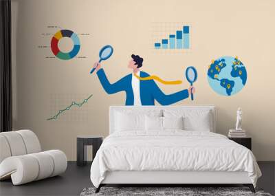 Business analysis, calculate or research for market growth, financial report, investment data or sale information concept, smart businessman analyst holding magnifying glass analyze graph and chart. Wall mural