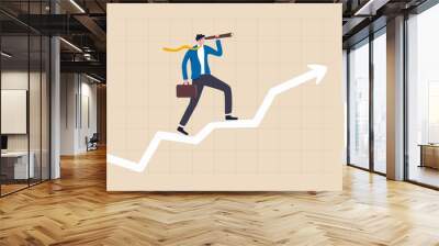 Business vision to see opportunity, investor fortune or profit growth, career achievement concept, smart businessman manager using telescope to see future standing on top of rising arrow market graph. Wall mural