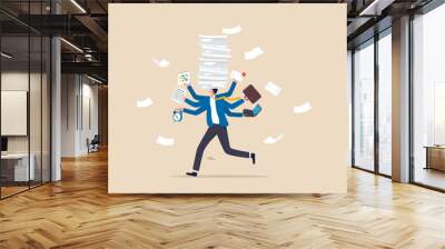 Busy work and multitasking employee, hurry to finish many documents within deadline and schedule, overworked or exhausted from overload tasks concept, stressful businessman carry busy work to finish. Wall mural