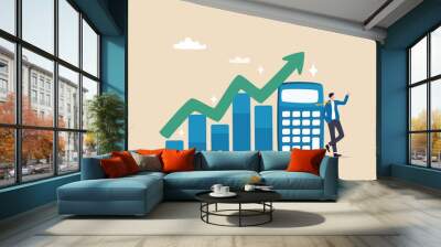 Calculate revenue growth, growing income or investment earning, tax, accounting or profit calculation, financial evaluation concept, businessman with calculator and growth chart diagram growing arrow. Wall mural