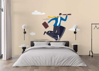 Career future, new job opportunity or visionary to success in work concept, businessman riding office chair using telescope to see future and the way forward. Wall mural