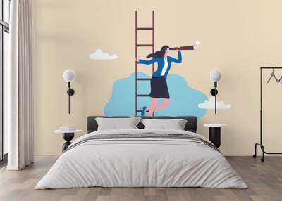 Career opportunity, business success vision or searching for new job, leadership visionary, looking for goal, future or business discovery concept, businesswoman climb up ladder looking on telescope. Wall mural