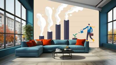 Climate crisis and environment policy, ESG or ecology problem concept, businessman leader watering seedling  plant on bar graph with pollution smoke rising up. Wall mural