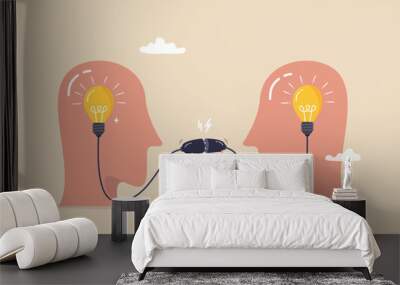 Communication for success, connect idea or understanding, agreement or solving problem together, cooperation or collaboration concept, businessman connect to bright up lightbulb idea on human head. Wall mural