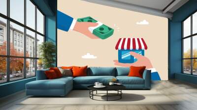 Company buyout, acquisition agreement or takeover, selling company offer or merger, franchise business concept, businessman offer money to buy other hand offer company or shop building. Wall mural