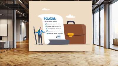 Company policies document, legal of term and services, agreement or process to follow, corporate rules or guidance concept, businessman holding pen with company policy document and business briefcase. Wall mural