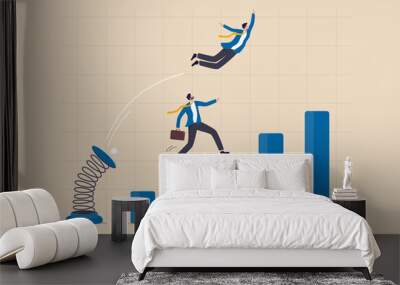 Competitive advantage or innovation to outsmart and overtake business winning, strategy or smart way to win business or career growth concept, businessman jumping springboard to outsmart competitor. Wall mural