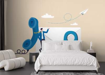 Contact us via email, phone or office location, communicate with customer or client, business information or channel for business contact concept, businessman with telephone, email and location pin. Wall mural