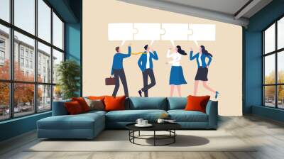 Conversation or communication for success, meeting discussion to get answer or solution, working together, partnership or collaboration concept, business people talk with speech bubble jigsaw connect. Wall mural