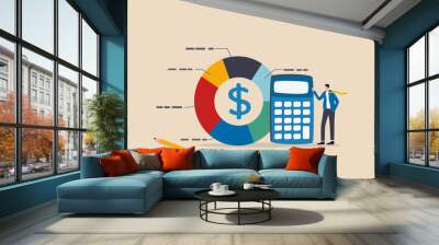 Cost structure, expense and income balance calculation, revenue, debt and investment analysis, money management, budget or saving concept, businessman with calculator with pie chart of cost structure. Wall mural