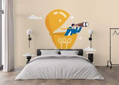 Creativity to help see business opportunity, vision to discover new solution or idea, curiosity, searching for success concept, businessman open lightbulb idea using binoculars to see business vision. Wall mural