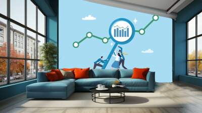 Data analysis, optimization or marketing analytics for statistics improvement, growth or KPI measurement result, chart or diagram concept, business people hold magnifying glass analyzing data chart. Wall mural