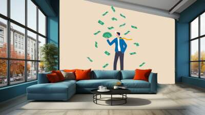 Earn money make profit from investment, savings, income or salary increase, get rich and earn more wealth concept, happy businessman millionaire holding easy money banknotes as financial success. Wall mural