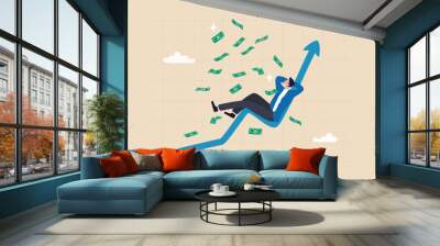 Easy money, passive income earn money while sleeping, get rich quick or success investment, earning from stock market, mutual fund or crypto concept, businessman sleep on bull market rising graph. Wall mural