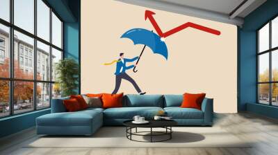 Economic recovery from COVID-19 crisis, business protection or stock market bounce back from recession concept, smart confidence businessman holding strong umbrella to recover red arrow economic graph Wall mural