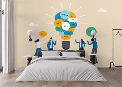 Effective communication, meeting discussion or conversation solution, speak or telling intelligence information, team opinion new idea concept, business people discuss with lightbulb speech bubble. Wall mural