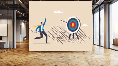 Effectiveness and efficiency to measure success rate, effort or cost to reach goal or target, practice until succeed concept, cheerful businessman finally hit target after too many unsuccessful tries. Wall mural