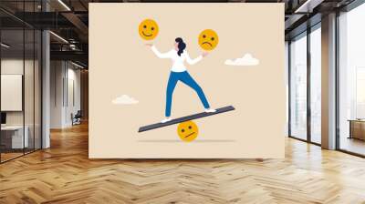 Emotional intelligence, balance emotion control feeling between work stressed or sadness and happy lifestyle concept, mindful calm woman using her hand to balance smile and sad face. Wall mural