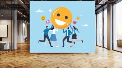 Employee satisfaction, workplace happiness or success team motivation, employee engagement or participation, feedback or company survey rating concept, business people employee with smile happy face. Wall mural