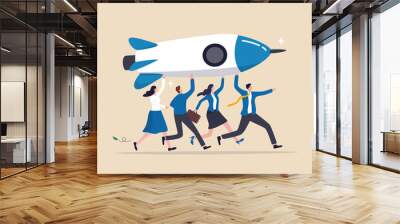 Entrepreneur or startup company, teamwork help develop to launch new project, initiative or opportunity to growth, leadership or cooperation concept, business people team help carry rocket to launch. Wall mural