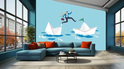 Escape from risk or danger, run away or flee from fail or bankruptcy company, change job or move to new better workplace concept, frustrated businessman jump to escape from sinking ship to better one. Wall mural