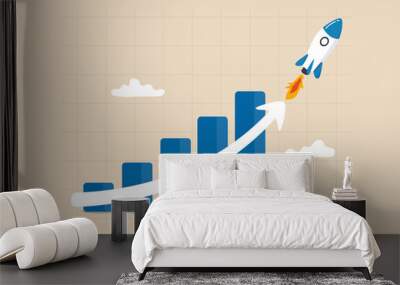 Exponential growth or compound interest, investment, wealth or earning rising up graph, business sales or profit increase concept, financial report graph with exponential arrow from flying rocket. Wall mural