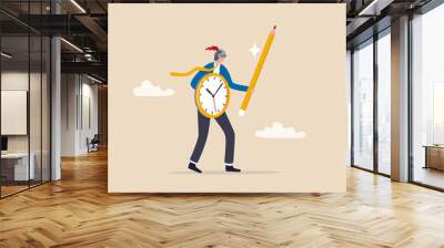 Fight procrastination for productivity master or efficiency professional, time management or project deadline challenge concept, businessman wearing knight helm using clock shield and pencil sword. Wall mural