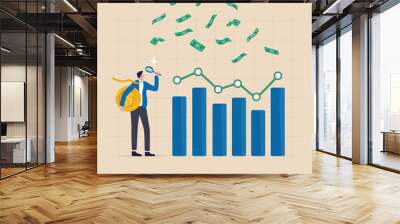 Financial market, investment earning or money management analysis, economic growth, stock exchange market report concept, businessman investor holding money coin analyze financial graph and chart. Wall mural