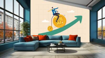 Financial or economy concept, currency exchange or mutual fund with US and EU economics, investing growth or foreign exchange, businessman riding bicycle with dollar and euro wheels up rising graph. Wall mural