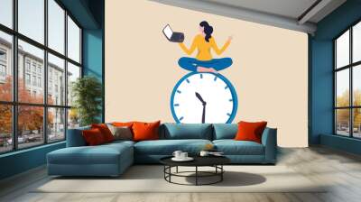 Flexible working hours, work life balance or focus and time management while working from home concept, young lady woman working with laptop while doing yoga or meditation on clock face. Wall mural