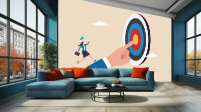 Goal oriented, setting goal and focus on target and aim to achieve success, work toward mission target, motivation and anticipation to win concept, businesswoman run on hand pointing toward target. Wall mural