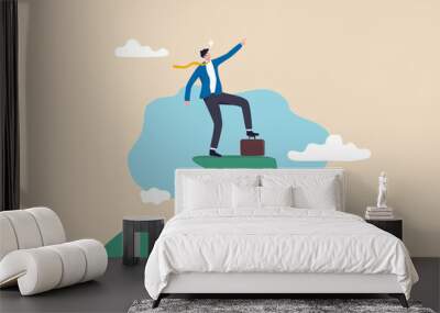 Growth strategy challenge to improve and achieve business goal, leadership to lead company to meet target, motivation concept, confidence businessman stand on growing arrow pointing up in the sky. Wall mural