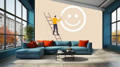 Happiness and positive thinking, optimism or motivation to live happy life concept, happy boy climb up ladder to paint smile face on the wall. Wall mural