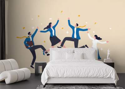 Happy office workers, joyful staff or employee success, team or colleague celebrate work achievement together, diverse, excited people concept, business people office worker jump to celebrate success. Wall mural